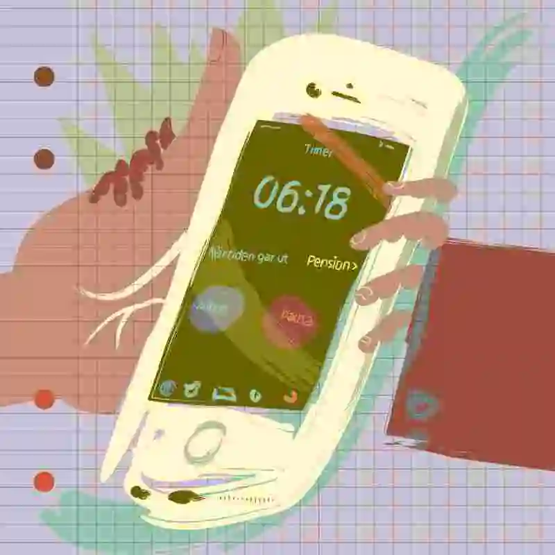 Illustration av Helena Shutrick. En mobiltelefon som hålls i en hand med en timer inställd på pensionstiden.