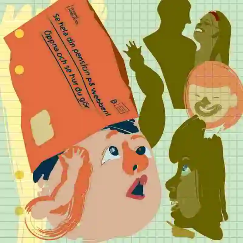 Illustration av Helena Shutrick. Ett barn som har orangea kuvertet från Pensionsmyndigheten på huvudet medan föräldrarna skrattar.